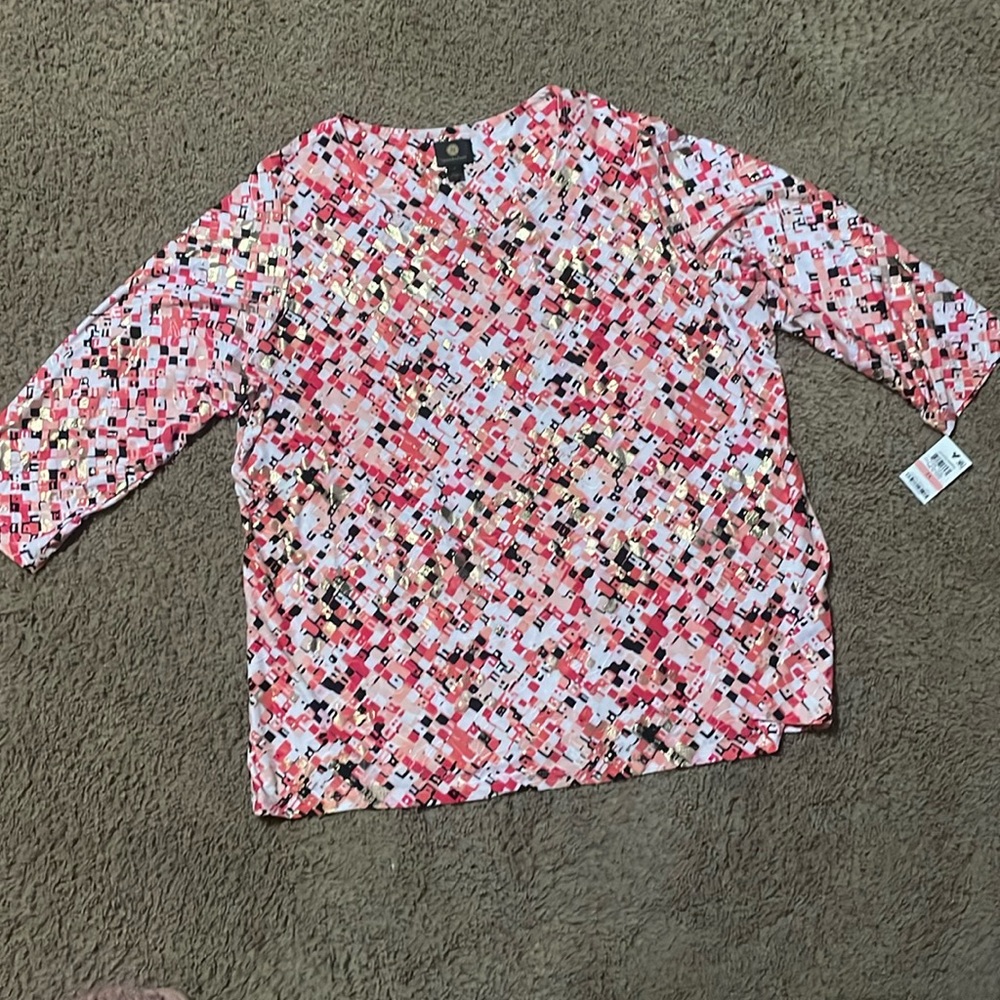 NWTS Ladies Jacquards (JM Collection) pink square dance print top. Sz 2X